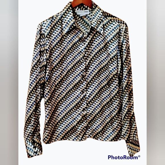 Focus 2000 Button Down Satin Blouse Geometric Pattern Sz 6 Medium - Picture 7 of 10